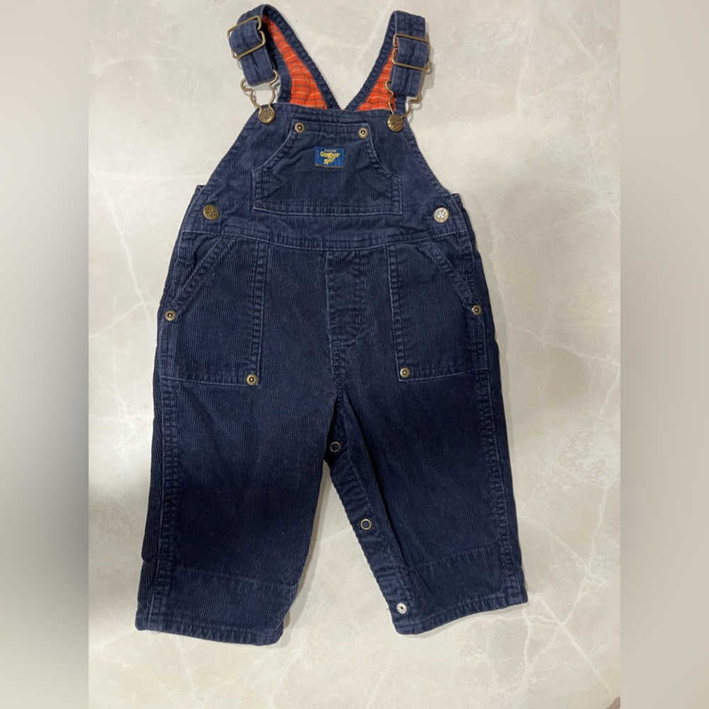 OshKosh B'gosh Dark Blue Corduroy Overalls with Orange Plaid Lining